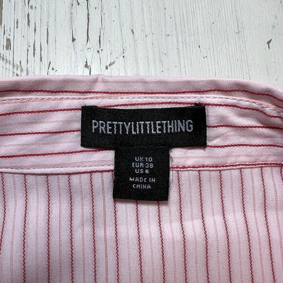 Pretty Little Thing Shirt Button Up 6 Pink Burgandy Crop Pinstripe Fitted Y2K - Picture 13 of 13